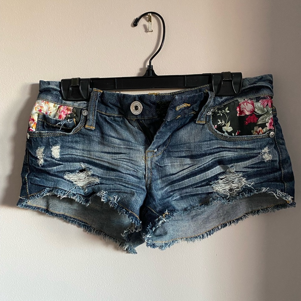Distressed Floral Jean Short Shorts